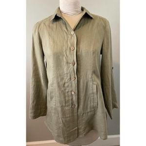Soft Surroundings Island Breeze Olive Green Linen Button Up Shirt Top Jacket XS